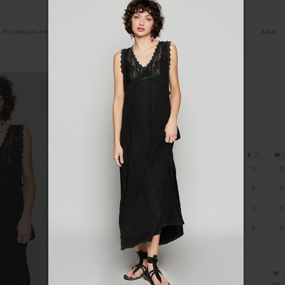 D61 POL Black V-Neck Sleeveless Jersey Lace Trim Slit Maxi Dress